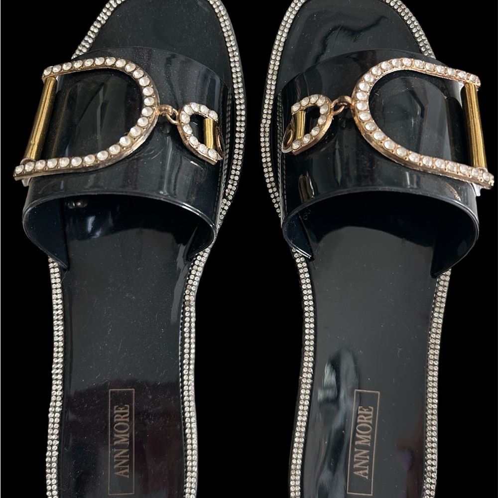 Black Sandals with Gold and Pearl Detailing